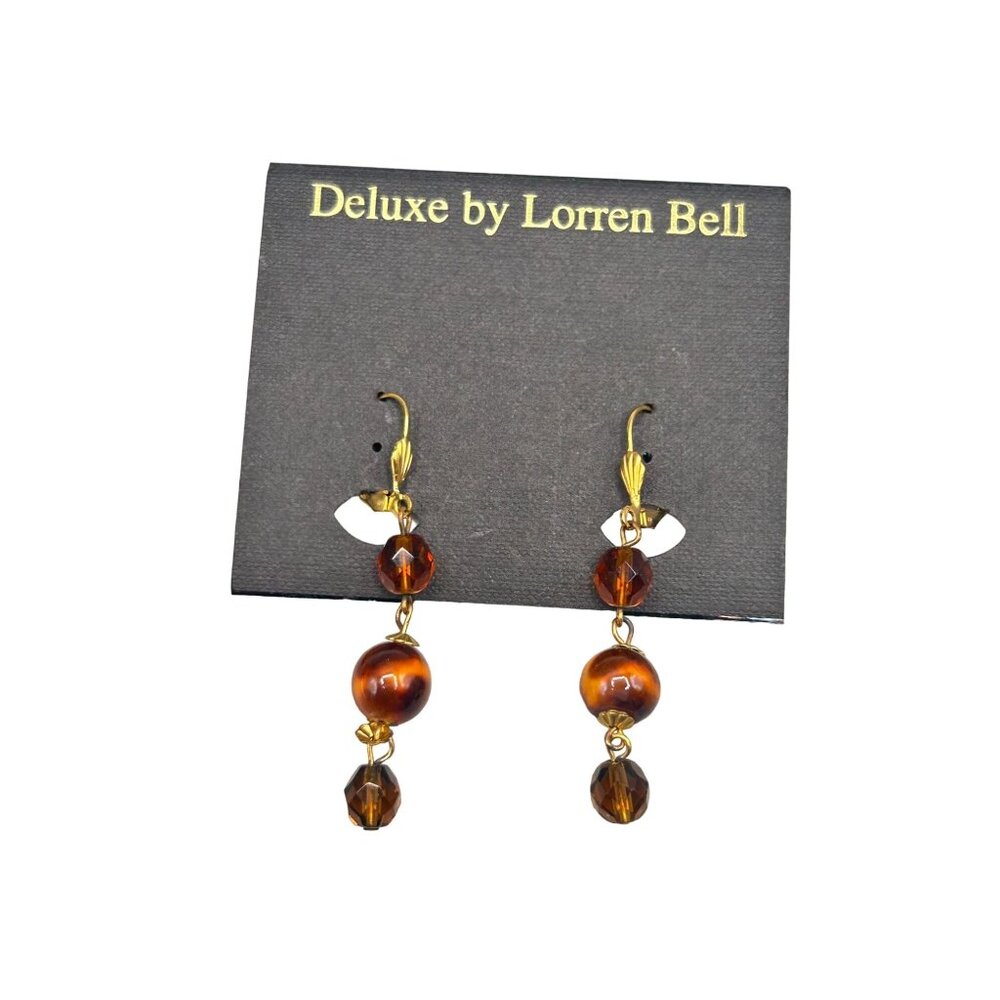 Brown Beaded Dangle Earrings with Leverback Hooks By Deluxe Lorren Bell